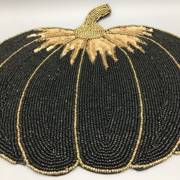 x4 Nicole Miller Halloween Beaded Pumpkin Placemat Set Black Gold Designer Decor - Picture 3 of 7